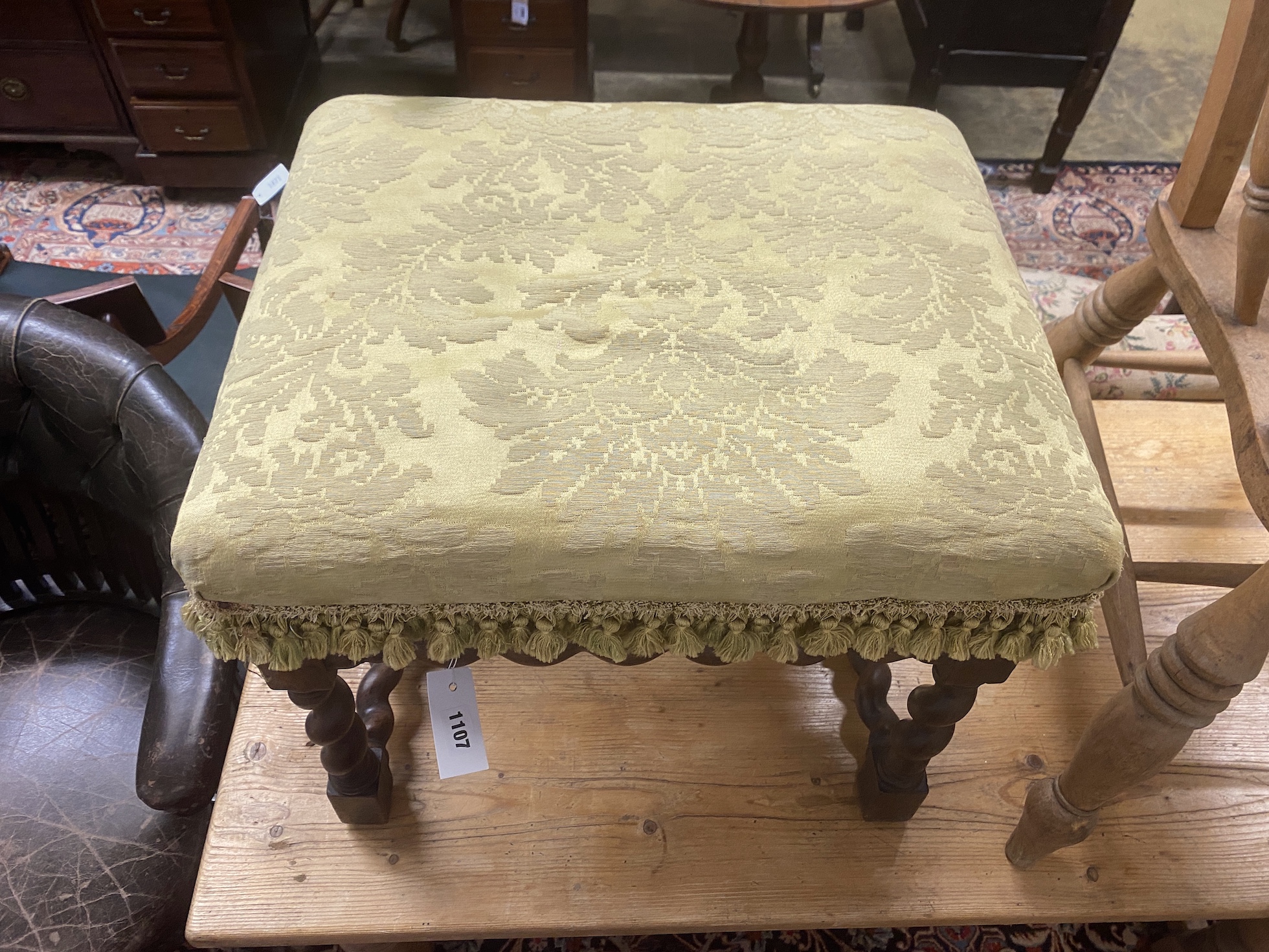 An early 20th century spiral turned walnut dressing stool, width 55cm, depth 48cm, height 48cm